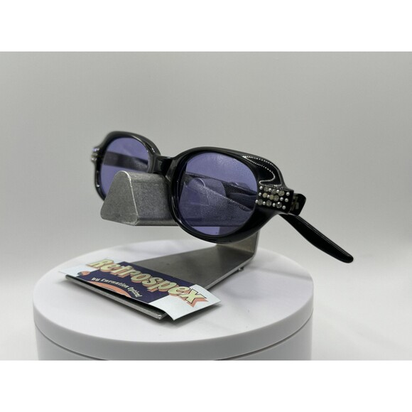 Vintage Sunglasses 1950s Style Purple Lens Black Plastic Rhinestone Frame 1950s